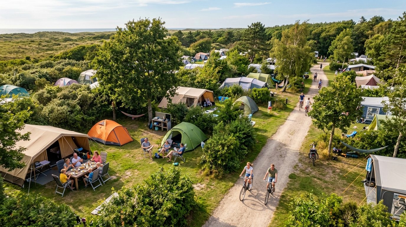 Tenthuisjes van Kampeerterrein Yelloos tussen de duinrozen, met de zee achter de duinen.